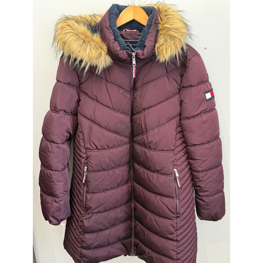 Tommy Hilfiger Burgundy Chevron Puffer Parka Jacket Faux Fur Hood XXL